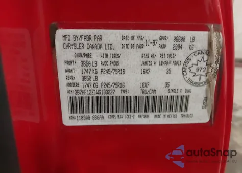 1998 Dodge Ram 1500 St from USA, damaged, VIN 3B7HF12Z1WG133227